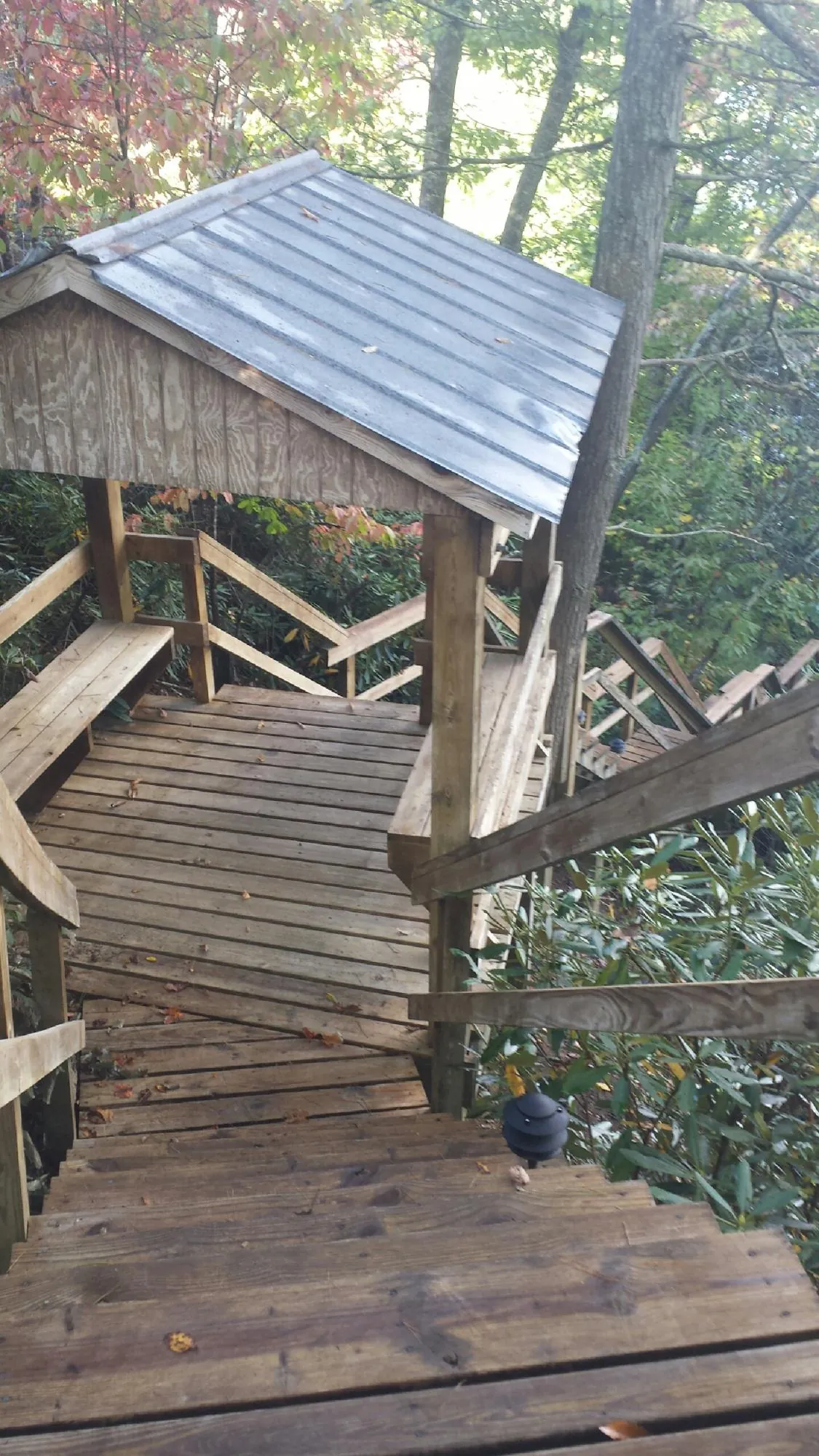 Metal roofed shelter over wooden steps on a wooded walkway — Skylight Repair & Installation work by our crew in Padroni